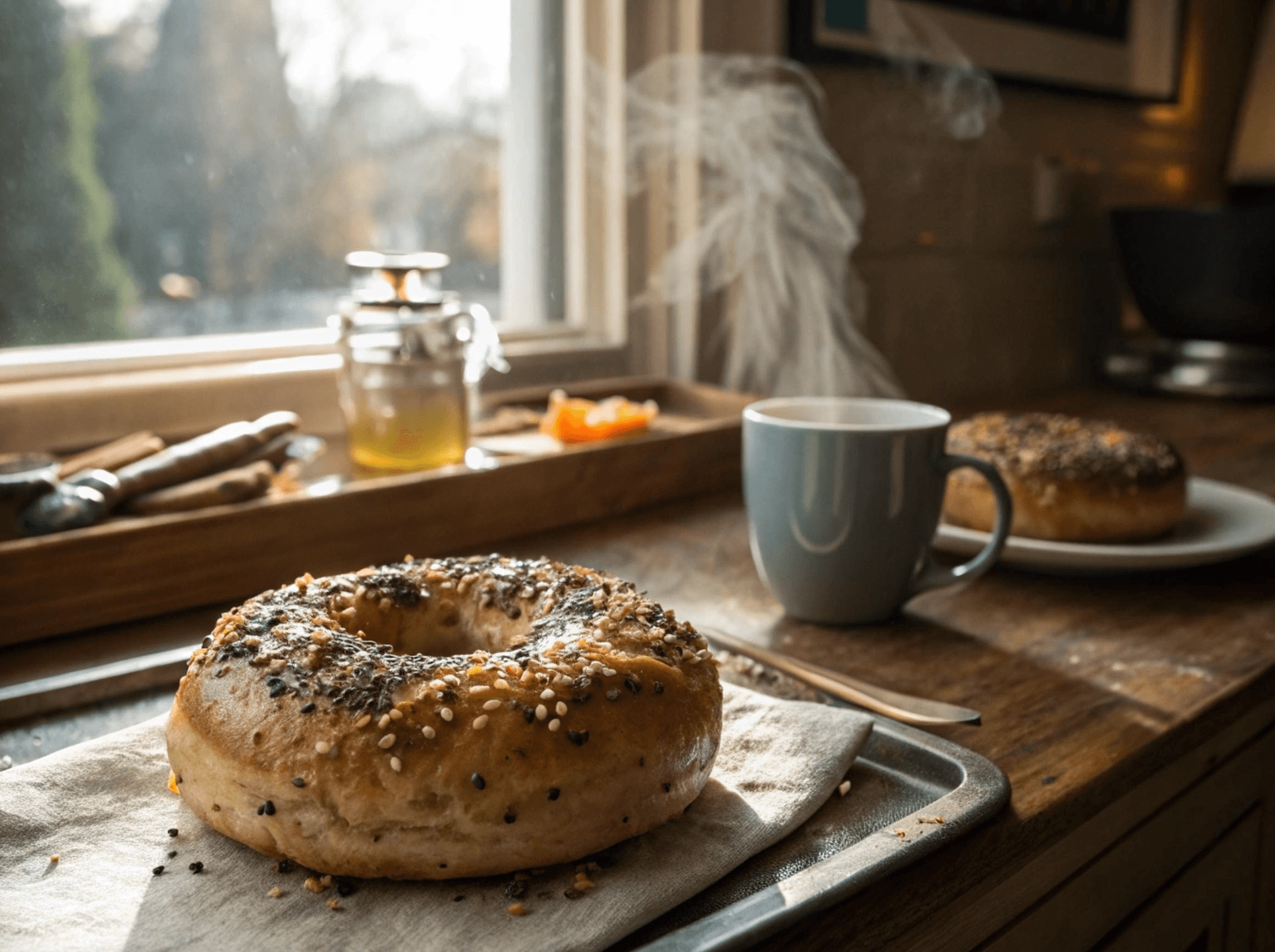 Pencere önünde susamlı bagel ve kahve